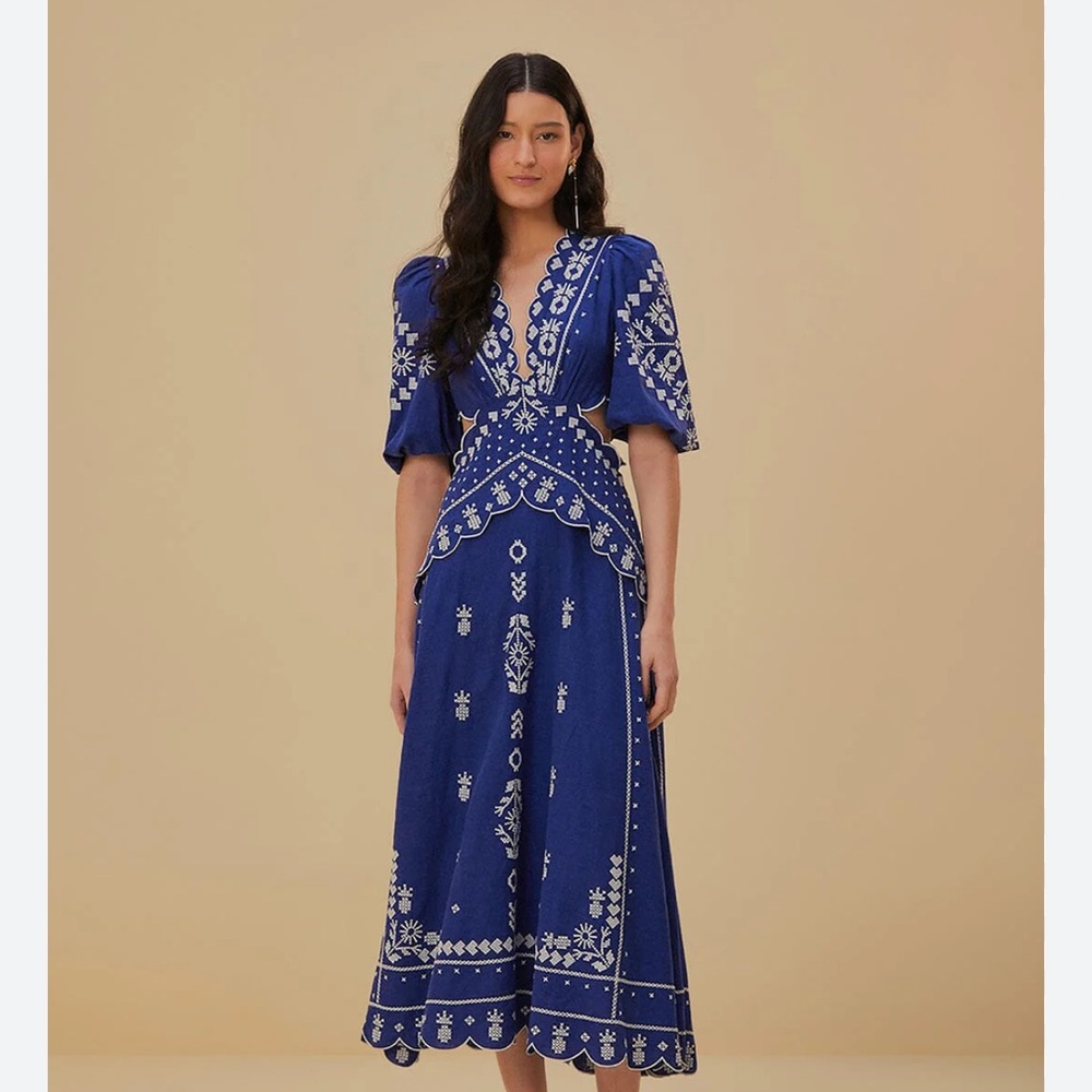 Farm Rio Blue Embroidered Dress